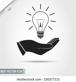 Idea! Light Bulb in Human Hand icon, Resourcefulness Pictograph, Sing, Electric Bulb symbol - vector illustration, you can change color of elements