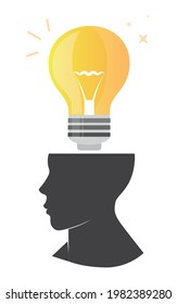 Idea light bulb in human head. Vector with idea and people concept.