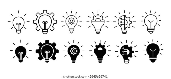 Idea light bulb icon set. Idea bulb liner flat icon set. innovation, lamp, light bulb, mark, creative, positive, smart, solution, strategy. Idea, bulb, innovation icon collection EPS10 - Stock Vector
