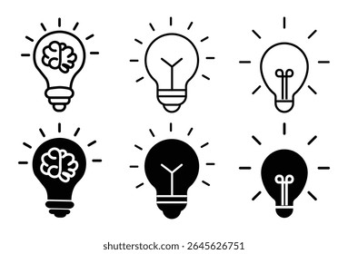 Idea light bulb icon set. Idea bulb liner flat icon set. innovation, lamp, light bulb, mark, creative, positive, smart, solution, strategy. Idea, bulb, innovation icon collection EPS10 - Stock Vector
