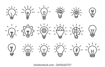 Idea light bulb icon set. Idea bulb liner flat icon set. innovation, lamp, light bulb, mark, creative, positive, smart, solution, strategy. Idea, bulb, innovation icon collection EPS10 - Stock Vector
