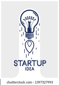 Idea light bulb launching like a rocket vector linear logo or icon, creative idea startup, science invention or research lightbulb, new business start.