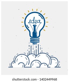 Idea light bulb launching like a rocket vector linear logo or icon, creative idea startup, science invention or research lightbulb, new business start.