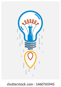 Idea light bulb launching like a rocket vector linear logo or icon, creative idea startup, science invention or research lightbulb, new business start.