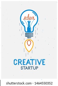 Idea light bulb launching like a rocket vector linear logo or icon, creative idea startup, science invention or research lightbulb, new business start.