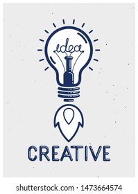 Idea light bulb launching like a rocket vector linear logo or icon, creative idea startup, science invention or research lightbulb, new business start.