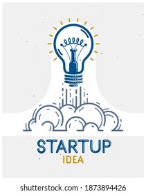 Idea light bulb launching like a rocket vector linear logo or icon, creative idea startup, science invention or research lightbulb, new business start.