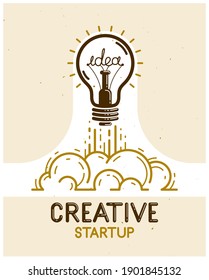 Idea light bulb launching like a rocket vector linear logo or icon, creative idea startup, science invention or research lightbulb, new business start.