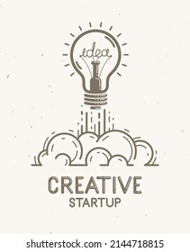 Idea light bulb launching like a rocket vector linear logo or icon, creative idea startup, science invention or research lightbulb, new business start.