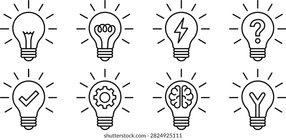Idea light bulb line art icon set featuring glowing light bulbs with filament lightning bolt question mark checkmark gear brain and symbols