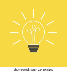 Idea Light bulb line icon. Shining effect. White contour switch on lamp. Business success concept. Flat design. Isolated. Yellow background. Vector illustration