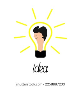 Idea Light bulb line icon. Man face profile. Guy face head. Switch on lamp. Shining effect. Business success concept. Successful businessman. Flat design. White background. Vector illustration