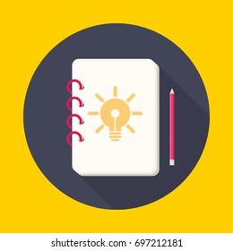 Idea of light bulb in notebook with pencil. Icon flat style vector illustration.