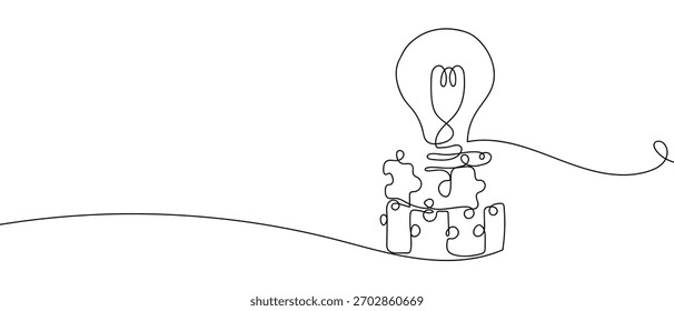 Lâmpada de ideia em um quebra-cabeça, um contorno de linha contínua ilustração vetorial isolada.