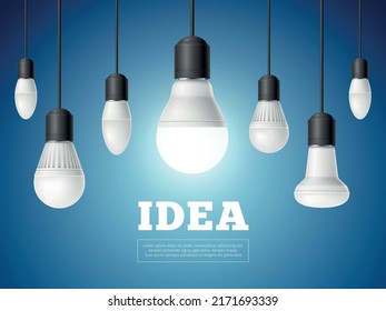 Idea light bulb. Realistic modern interior lamps, brainstorm and sudden thought, electric glowing element, on and off objects, creative thinking, banner or poster, utter vector concept