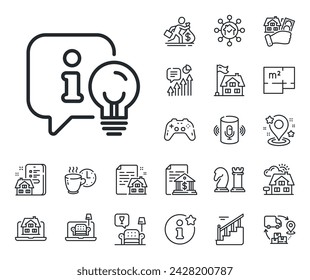 Idea light bulb sign. Floor plan, stairs and lounge room outline icons. Lamp line icon. Interior illuminate symbol. Lamp line sign. House mortgage, sell building icon. Real estate. Vector