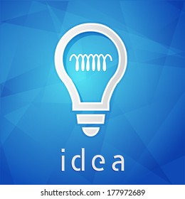 idea and light bulb sign - text over blue background with white symbol, concept web icon flat design, vector