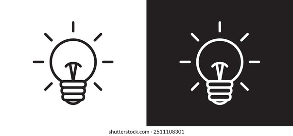 Idea de símbolo de bombilla. La bombilla luminosa representa ideas e innovación, icono de bombilla simple.  Icono de idea de creatividad. Ilustración del icono del Vector de la lámpara de la forma del bulbo en fondo blanco y negro. Eps10