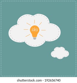 Idea light bulb in thought bubble cloud. Flat design. Vector illustration.