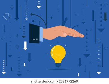 Idea light bulb under hand as shield. Idea  protection. Flat modern vector illustration
