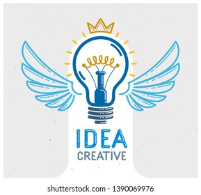 Idea light bulb with wings launching like a rocket vector linear logo or icon, creative idea startup, science invention or research lightbulb, new business start.