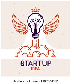Idea light bulb with wings launching like a rocket vector linear logo or icon, creative idea startup, science invention or research lightbulb, new business start.