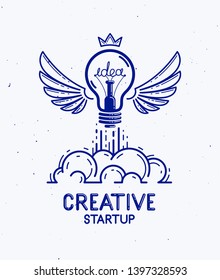 Idea light bulb with wings launching like a rocket vector linear logo or icon, creative idea startup, science invention or research lightbulb, new business start.