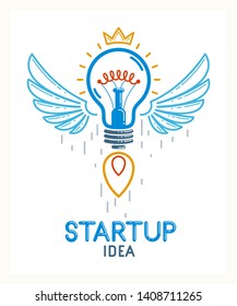 Idea light bulb with wings launching like a rocket vector linear logo or icon, creative idea startup, science invention or research lightbulb, new business start.