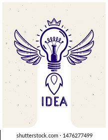 Idea light bulb with wings launching like a rocket vector linear logo or icon, creative idea startup, science invention or research lightbulb, new business start.