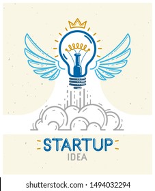Idea light bulb with wings launching like a rocket vector linear logo or icon, creative idea startup, science invention or research lightbulb, new business start.