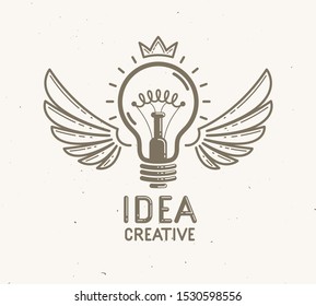 Idea light bulb with wings launching like a rocket vector linear logo or icon, creative idea startup, science invention or research lightbulb, new business start.