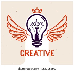 Idea light bulb with wings launching like a rocket vector linear logo or icon, creative idea startup, science invention or research lightbulb, new business start.