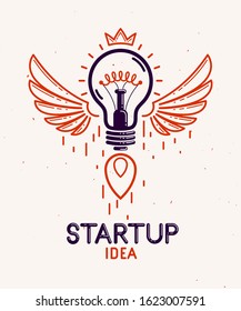 Idea light bulb with wings launching like a rocket vector linear logo or icon, creative idea startup, science invention or research lightbulb, new business start.
