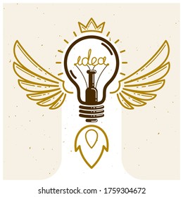 Idea light bulb with wings launching like a rocket vector linear logo or icon, creative idea startup, science invention or research lightbulb, new business start.