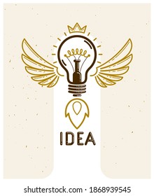 Idea light bulb with wings launching like a rocket vector linear logo or icon, creative idea startup, science invention or research lightbulb, new business start.