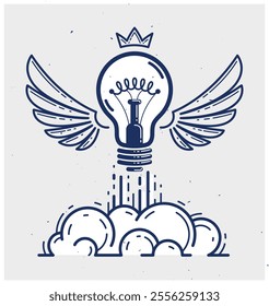 Idea light bulb with wings launching like a rocket vector linear logo or icon, creative idea startup, science invention or research lightbulb, new business start.