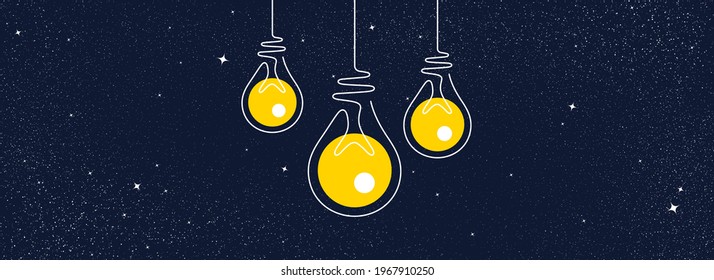 Idea light bulbs icons. Lamp silhouette on night sky background. Continuous line lightbulbs with yellow light. Creative idea sketch on universe stars background. Handdrawn electric bulb. Vector