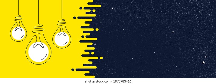 Idea light bulbs icons. Lamp silhouette yellow transition background. Continuous line lightbulbs with light. Creative idea night sky background. Handdrawn electric bulb. Melting lines pattern. Vector