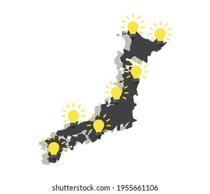  Idea light bulbs on the map of Japan. Japanese idea.