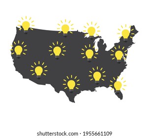  Bombillas de ideas en el mapa de Estados Unidos. La idea americana.