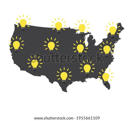  Idea light bulbs on the map of USA. American idea.