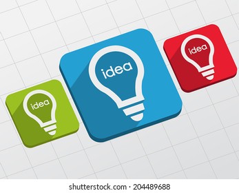 idea in light bulbs signs - white text and symbols in colorful flat design blocks, business creative concept, vector