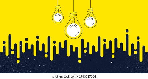 Idea light bulbs silhouette. Lamp icons yellow transition background. Continuous line lightbulbs with light. Creative idea night sky background. Handdrawn electric bulb. Melting lines pattern. Vector