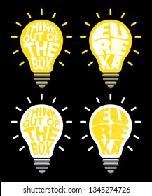 Idea Light Bulbs With Text Think Out Of The Box And Eureka.