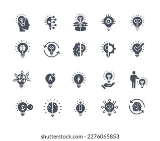 Idea helle Symbole schwarz Set. Intelligenz, Denken und Kreativität. Fähigkeiten und Fähigkeiten des Gehirns. Brainstorming und Achtsamkeit. Cartoon-FlachVektorgrafiken einzeln auf weißem Hintergrund