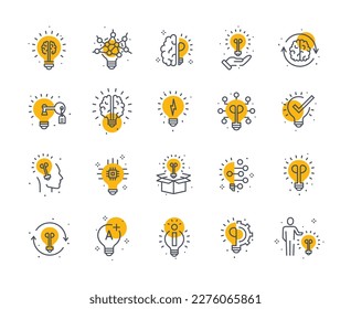 Idea light icons color set. Collection of graphic elements for website. Creativity and cognitive abilities. Brainstorming and insight. Cartoon flat vector illustrations isolated on white background