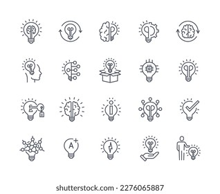 Idea light icons outline set. Education and learning, self development. Creativity and intelligence. Brainstorming and insight. Cartoon flat vector illustrations isolated on white background