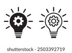 Idea lightbulb icon. Inspiration creativity lamp vector icon, Innovation icon set with lightbulb and gear sign. inspiration simple thinking symbol solution vector icon.