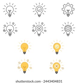 Icono de bombilla ideal. Inspiración creatividad lámpara vector colección de iconos. 