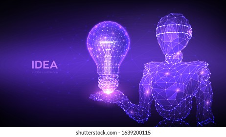 Idea. Lightbulb low poly design with connecting dots. Idea with geometry triangle. Abstract 3d low polygonal mash line robot holding lamp bulb. Vector illustration.